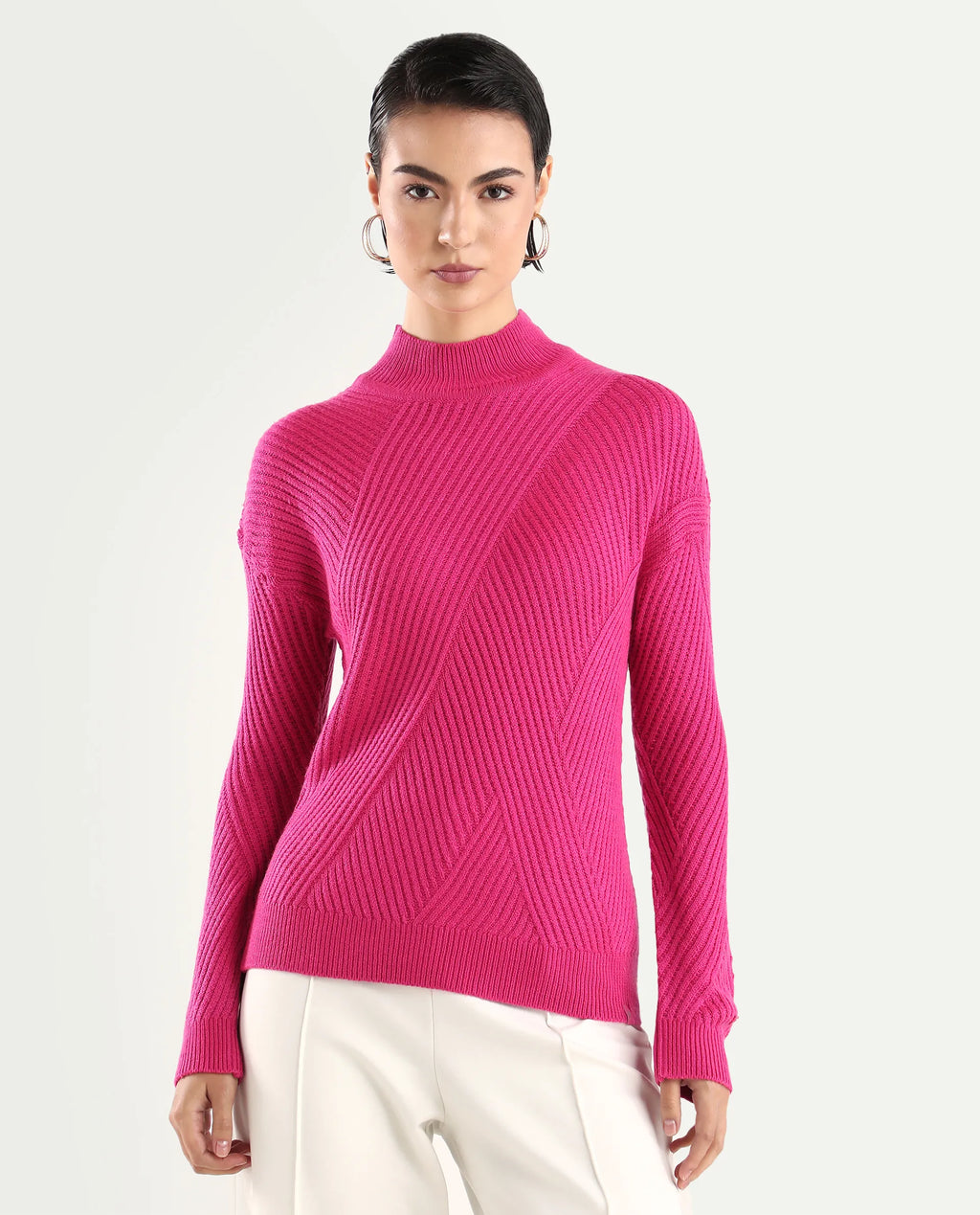 Rareism Women's Apole Pink Acrylic High Neck Plain Regular Fit Sweater