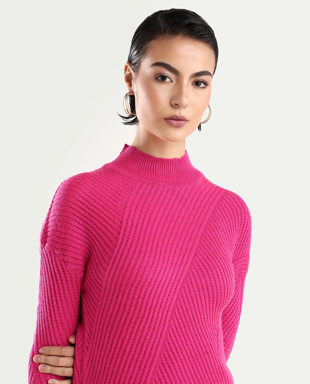 Rareism Women's Apole Pink Acrylic High Neck Plain Regular Fit Sweater