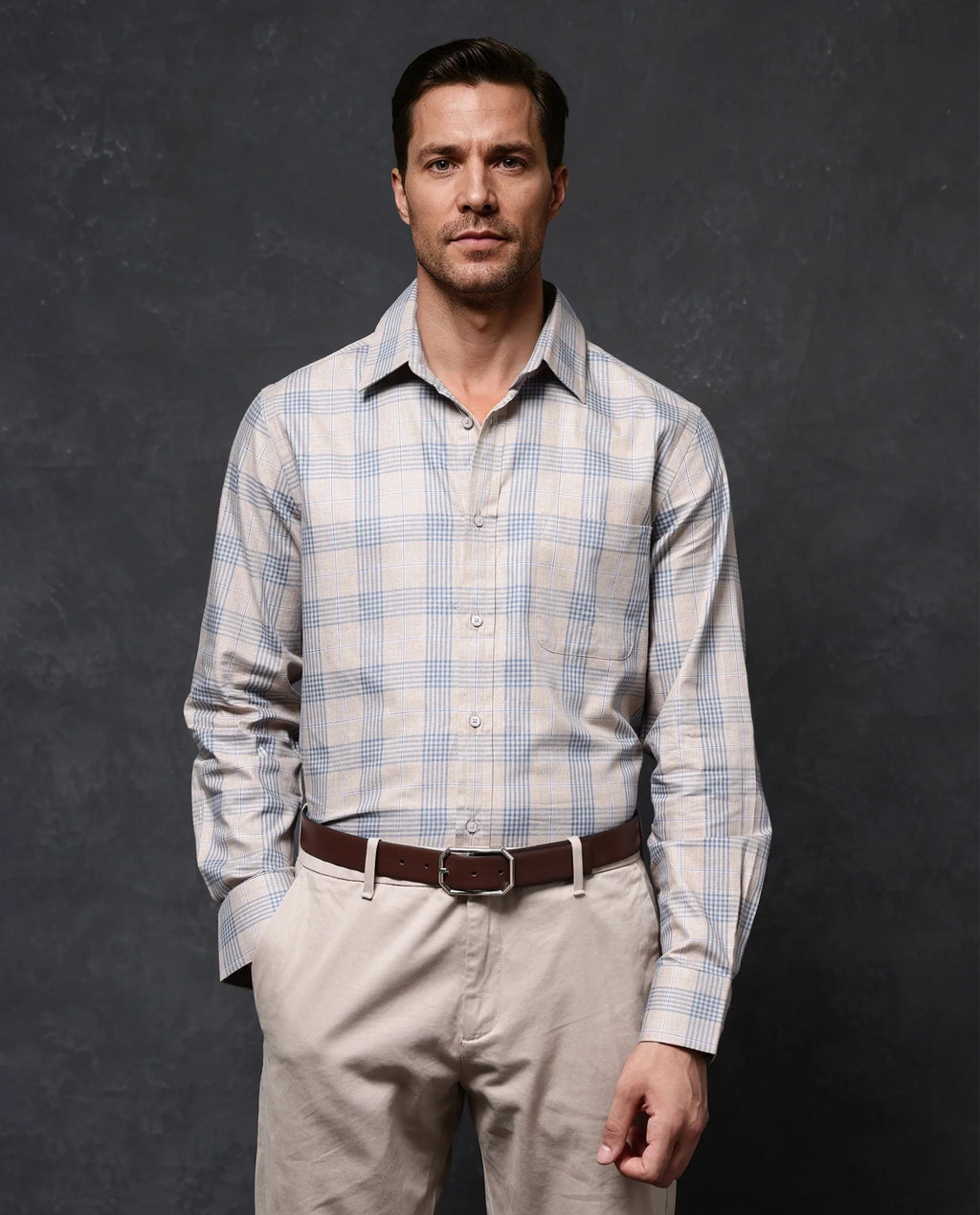 Rare Rabbit Men's Aporo Beige Cotton Checked Print Regular Fit Full Sleeve Collared Shirt