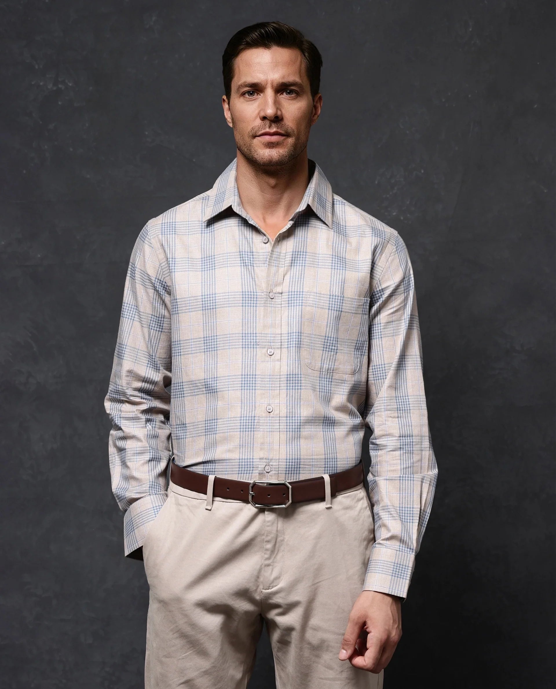 Rare Rabbit Men's Aporo Beige Cotton Checked Print Regular Fit Full Sleeve Collared Shirt