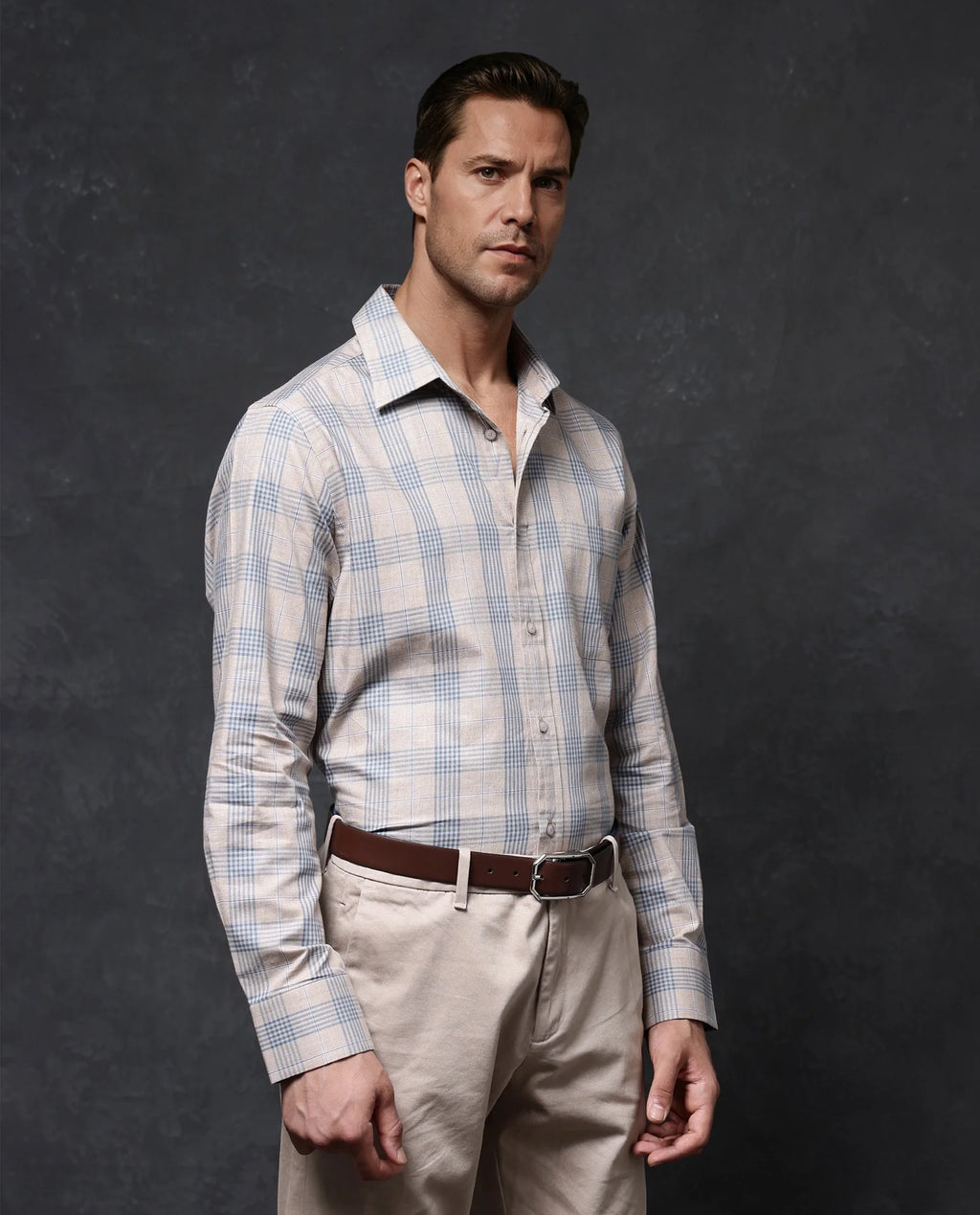 Rare Rabbit Men's Aporo Beige Cotton Checked Print Regular Fit Full Sleeve Collared Shirt