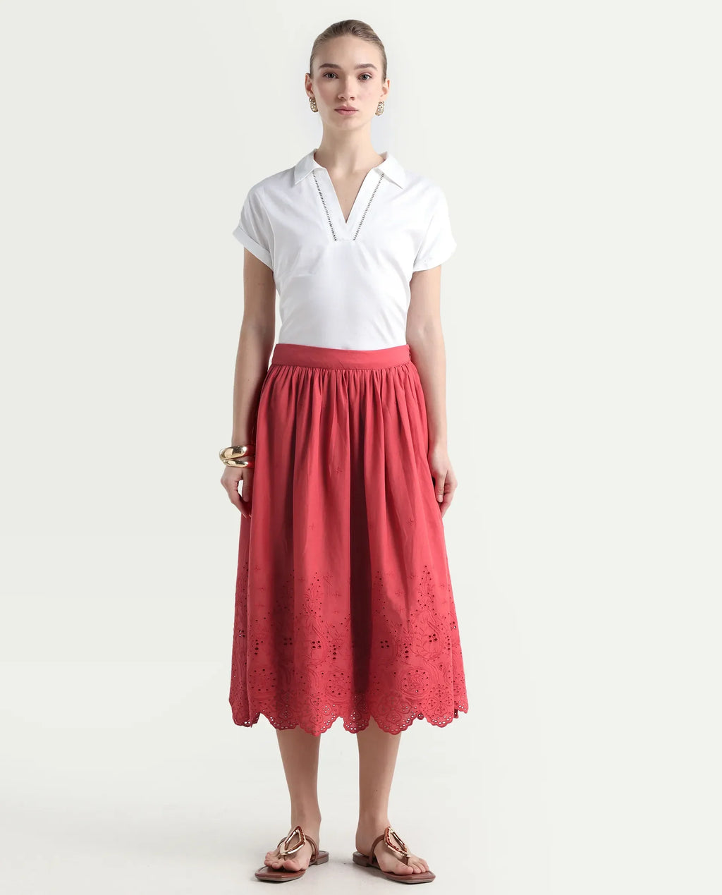 Rareism Women's Aracil Rust Cotton Plain Ankle Length Regular Fit Skirt