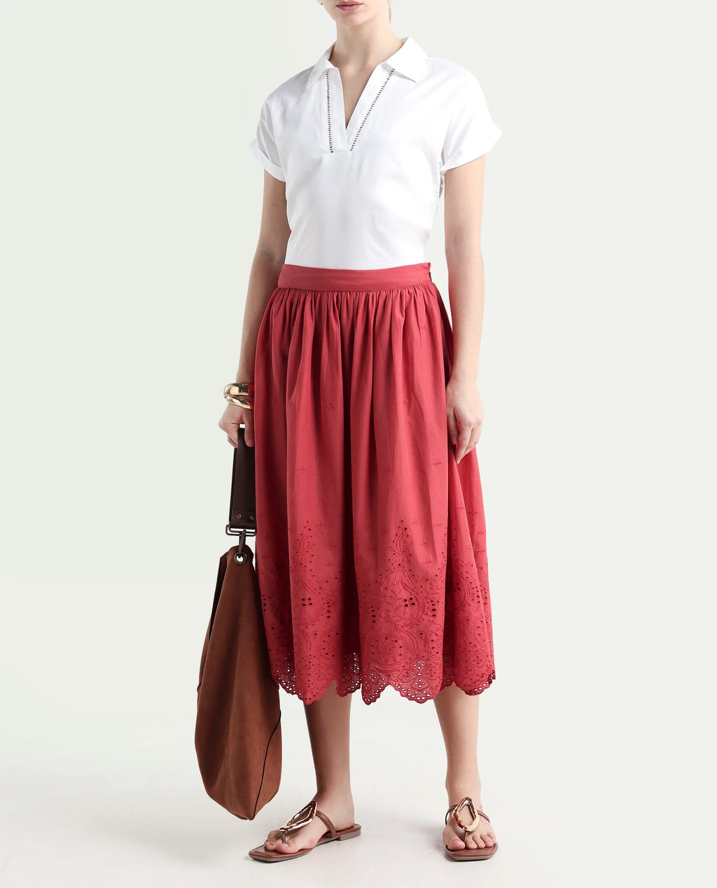 Rareism Women's Aracil Rust Cotton Plain Ankle Length Regular Fit Skirt