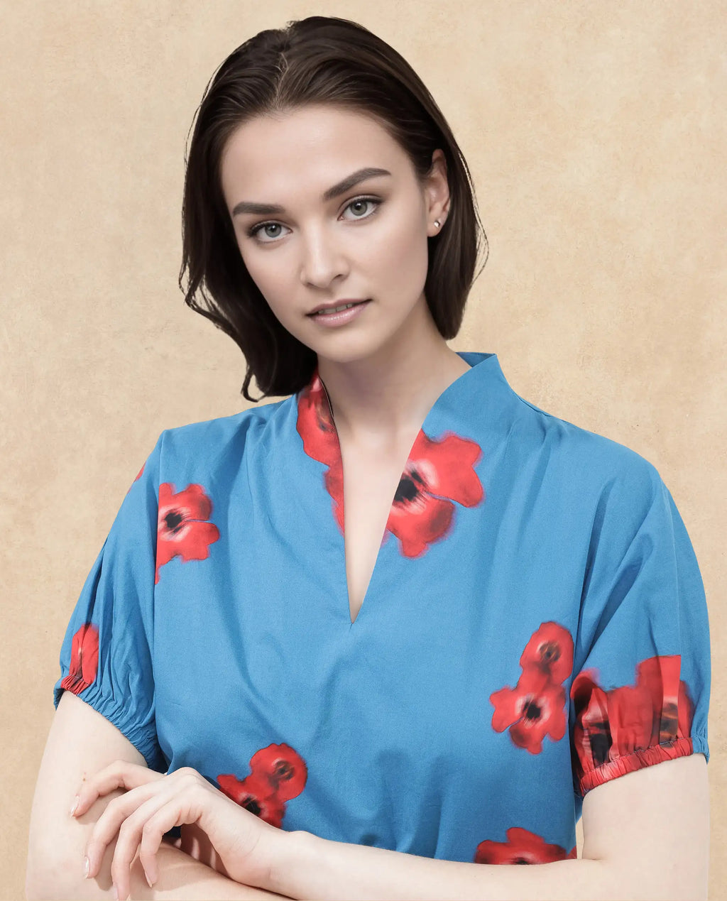 Rareism Women's Cotton V-Neck Floral Print Extended Sleeves Regular Fit Top