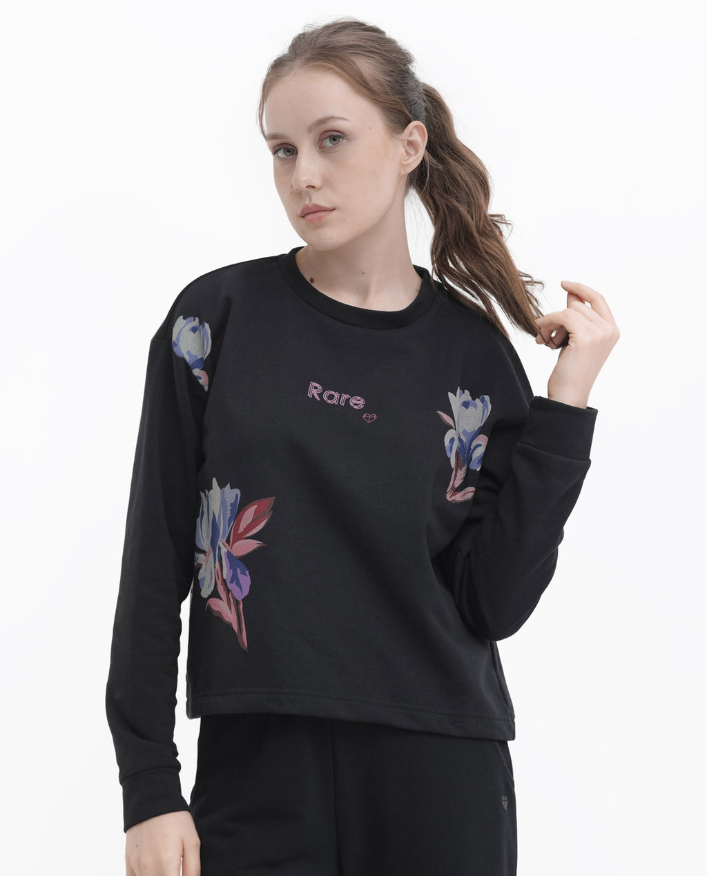 Rareism Women's Argyle Black Polyester Blend Crew Neck Graphic Print Regular Fit Sweatshirt