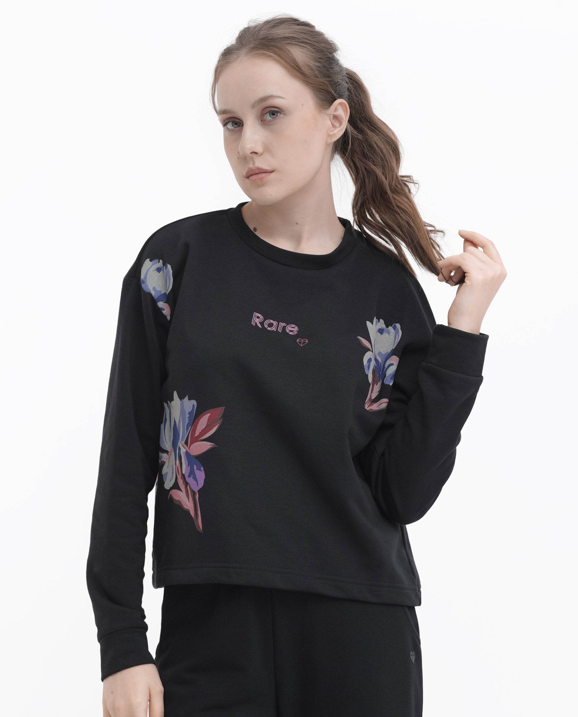 Rareism Women's Argyle Black Polyester Blend Crew Neck Graphic Print Regular Fit Sweatshirt