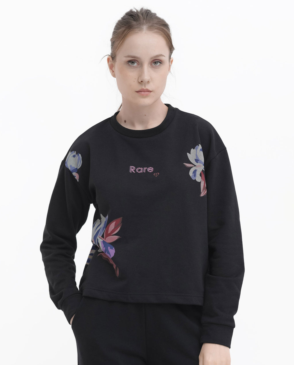 Rareism Women's Argyle Black Polyester Blend Crew Neck Graphic Print Regular Fit Sweatshirt