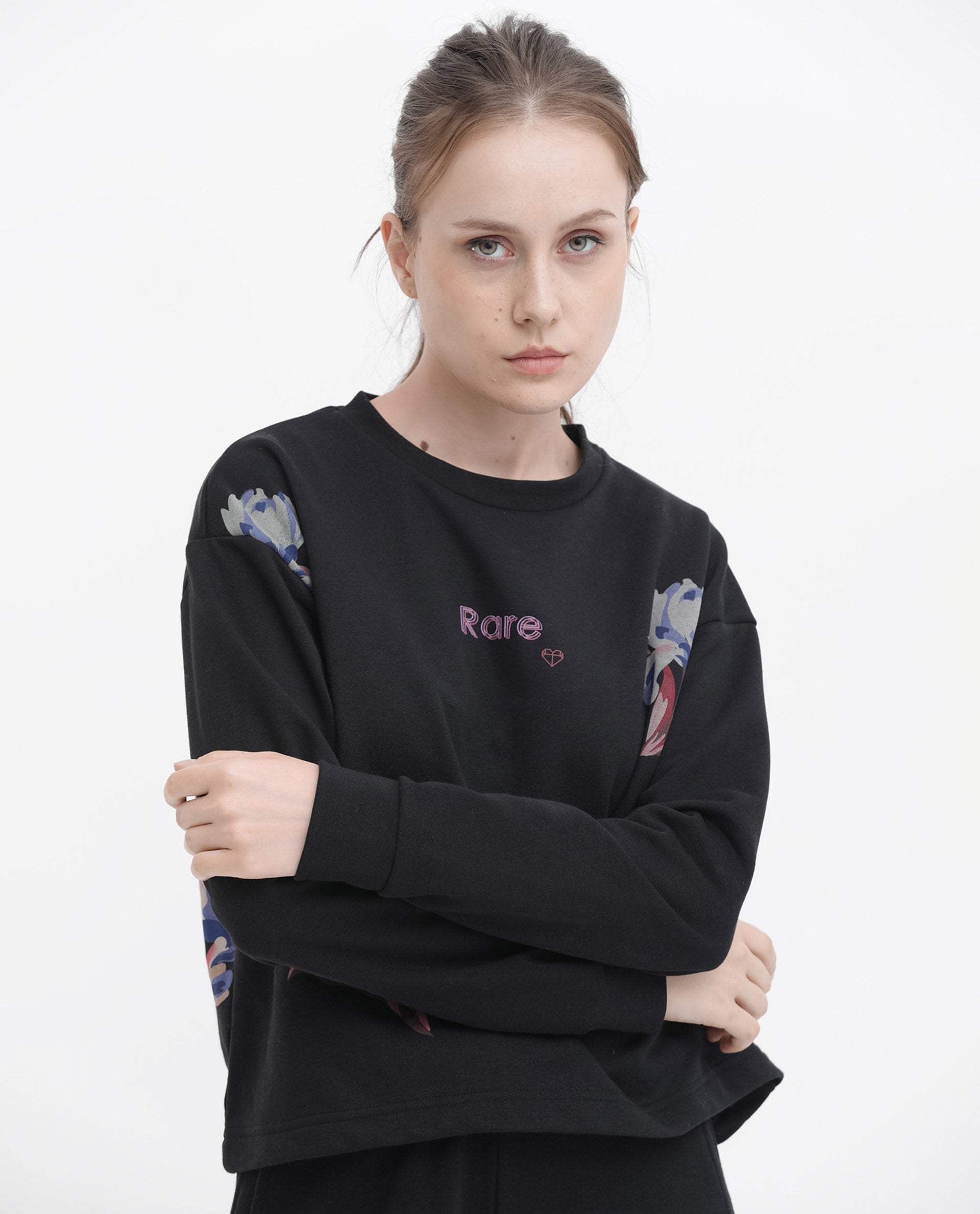 Rareism Women's Argyle Black Polyester Blend Crew Neck Graphic Print Regular Fit Sweatshirt