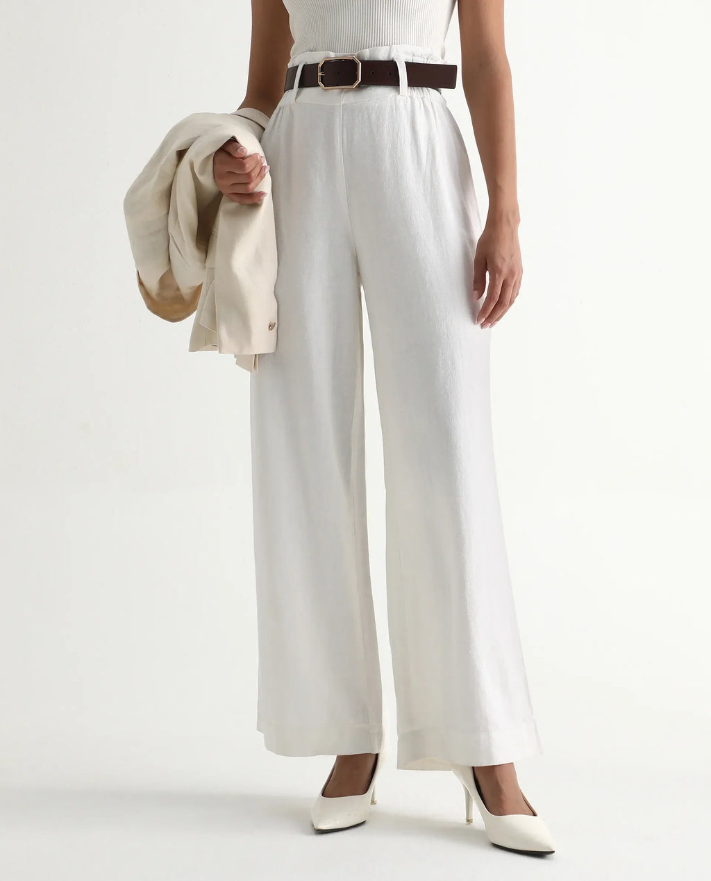 Rareism Women's Arid White Cotton Blend Plain Ankle Length Wide Trouser
