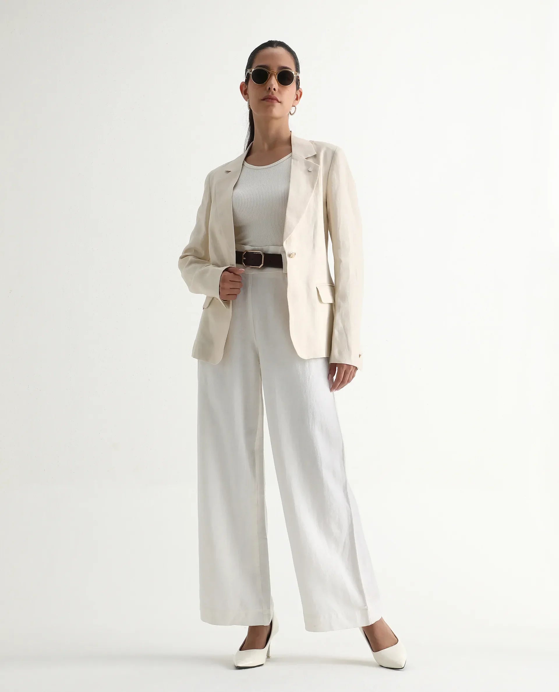 Rareism Women's Arid White Cotton Blend Plain Ankle Length Wide Trouser