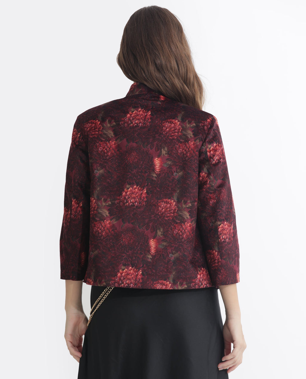 Rareism Women's Arizu Maroon Velvet Collarless Floral Print Regular Fit Shrug