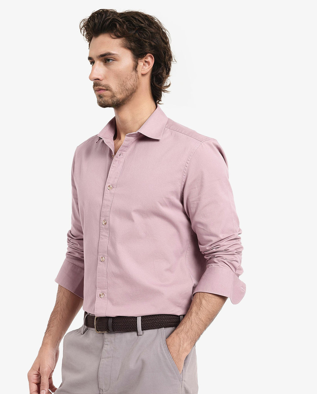 Rare Rabbit Men's Dusky Pink Cotton Plain Regular Fit Full Sleeve Collared Shirt