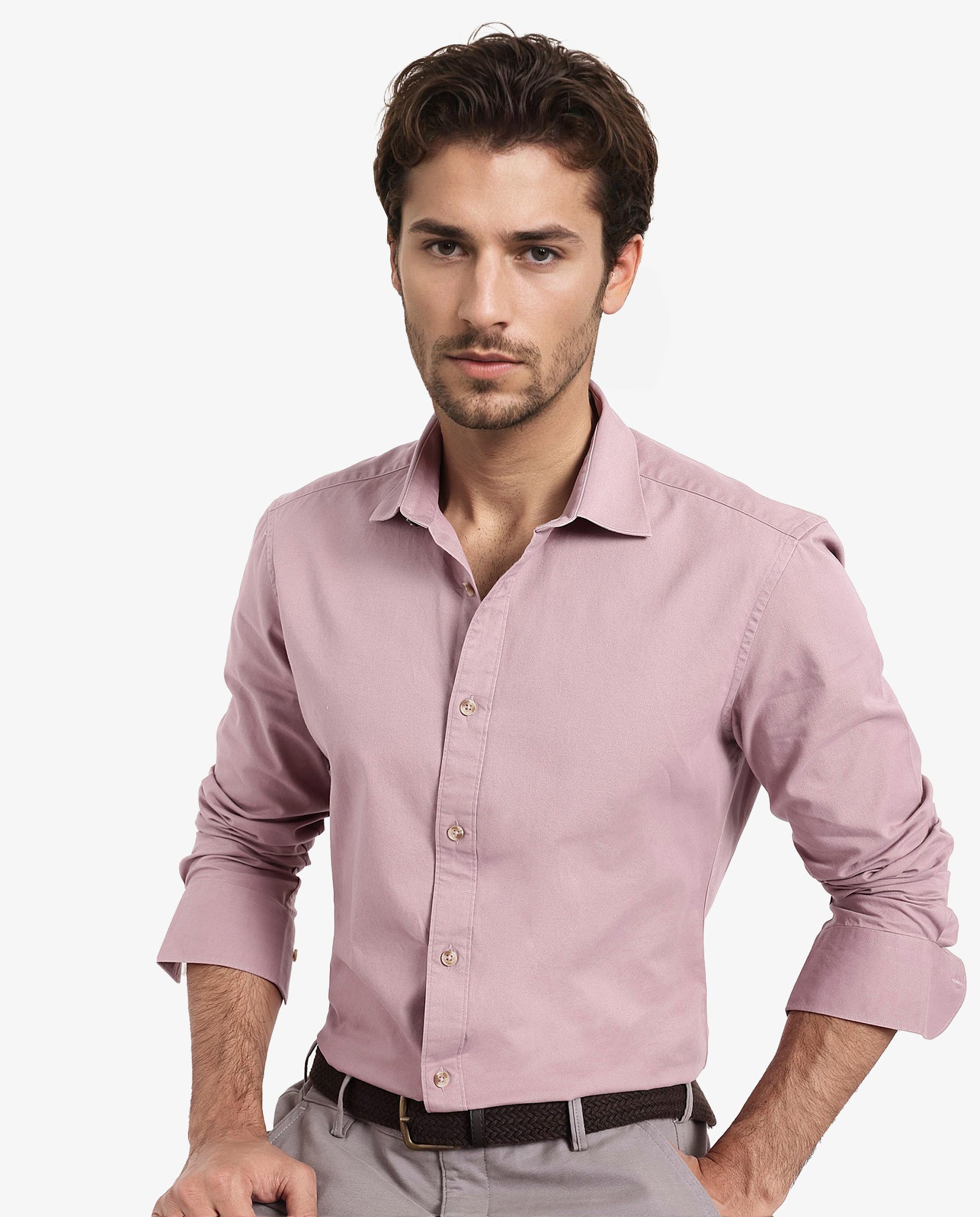 Rare Rabbit Men's Dusky Pink Cotton Plain Regular Fit Full Sleeve Collared Shirt