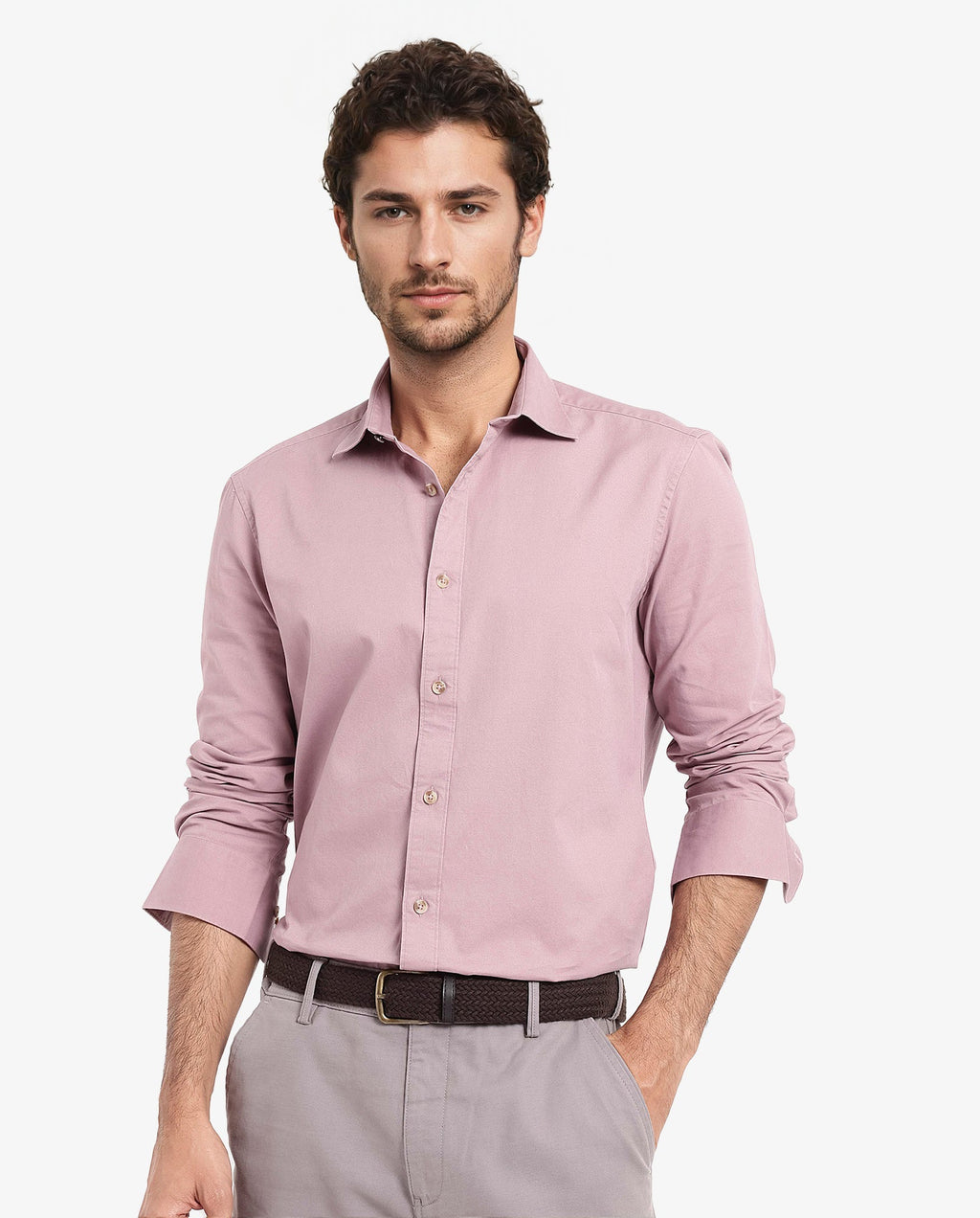 Rare Rabbit Men's Dusky Pink Cotton Plain Regular Fit Full Sleeve Collared Shirt