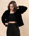 Rareism Women's Armidale Black Cotton Blend Mandarin Collar Plain Regular Fit Jacket