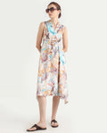 Rareism Women's Armon Light Multi Cotton Blend V-Neck Floral Print Sleeveless Midi Flared Dress