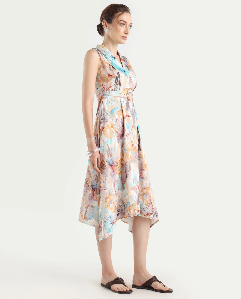 Rareism Women's Armon Light Multi Cotton Blend V-Neck Floral Print Sleeveless Midi Flared Dress