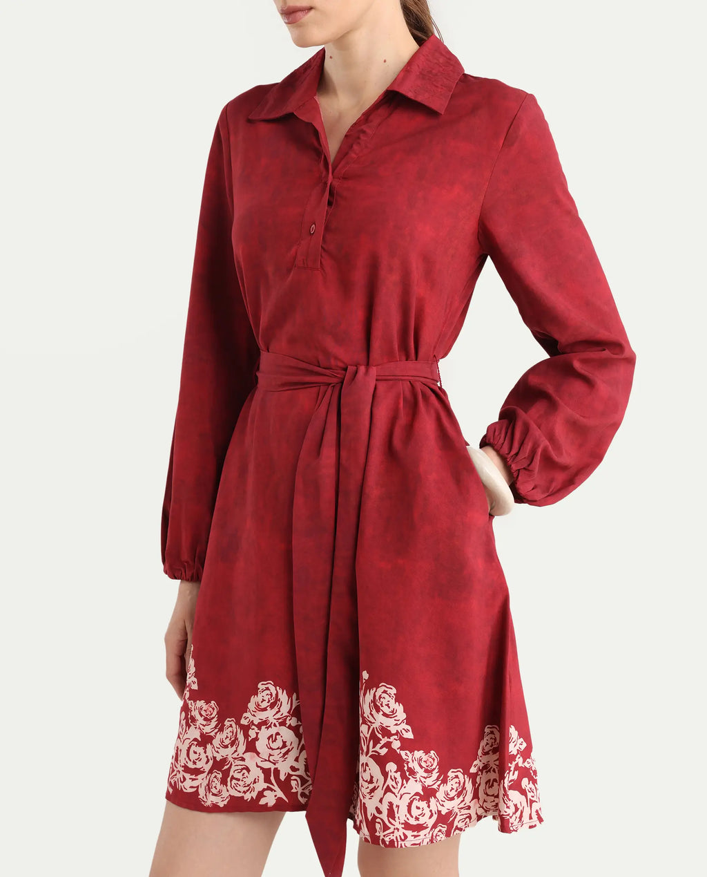 Rareism Women's Arot Dark Red Viscose Spread Collar A-Line Floral Print Dress