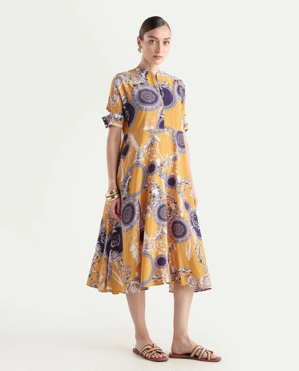Rareism Women's Artash Yellow Nylon Blend Drop Collar Bandana Print Cutout Sleeve Midi A-Line Dress