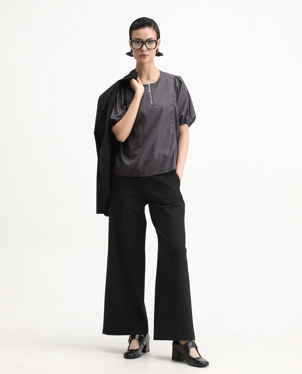 Rareism Women's Artemis Grey Cotton Blend Crew Neck Plain Kimono Sleeve Regular Fit Top