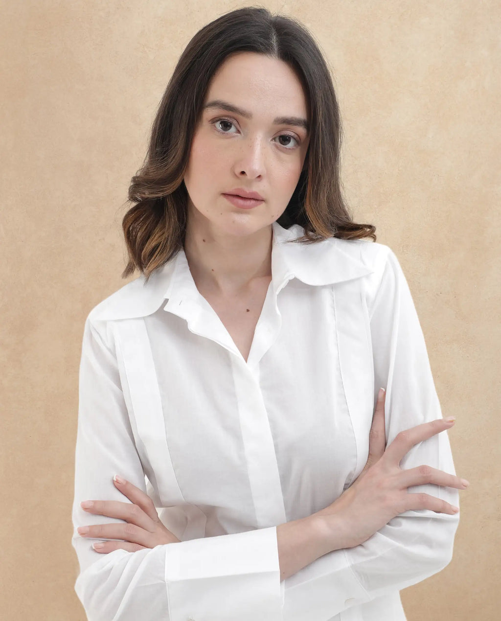 Rareism Women's Arthur White Cotton Drop Collar Plain Cuffed Sleeve Regular Fit Shirt