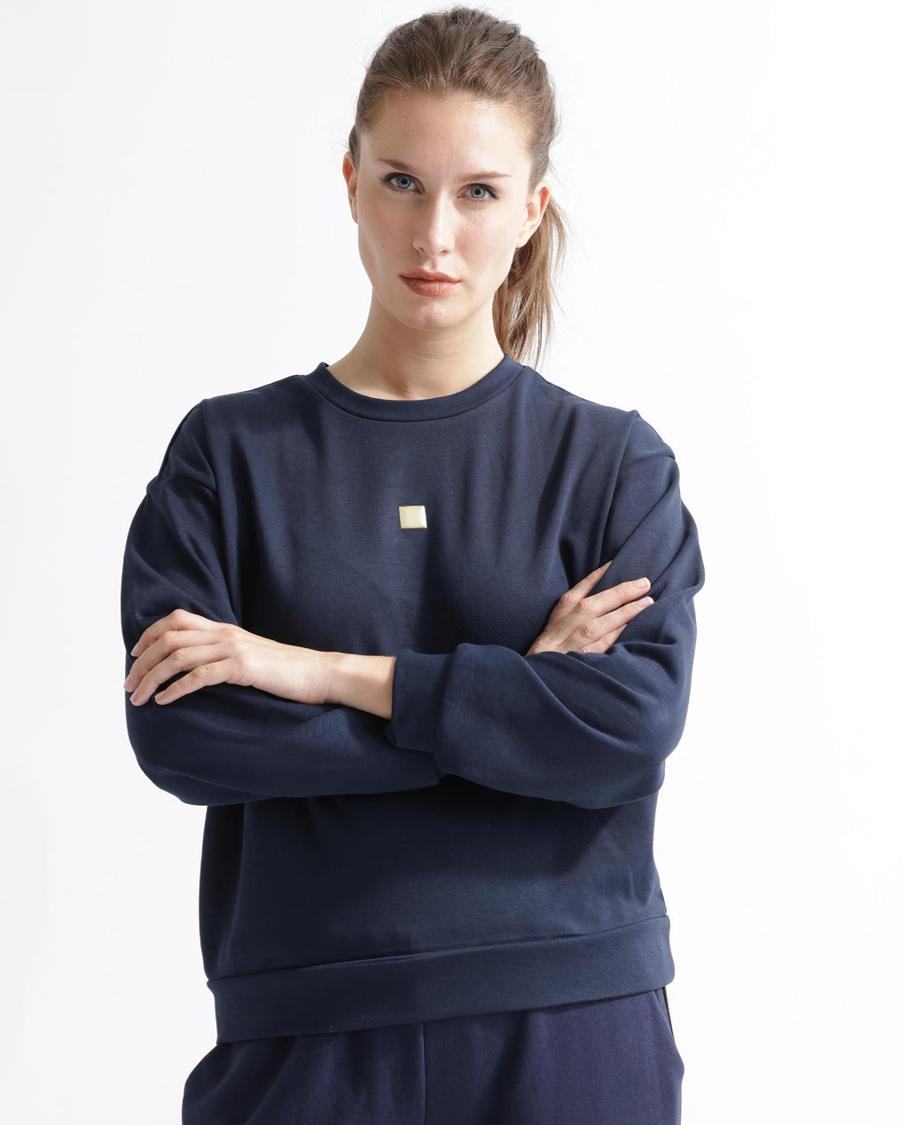 Rareism Women's Aimee Navy Polyester Blend Crew Neck Plain Boxy Fit Sweatshirt