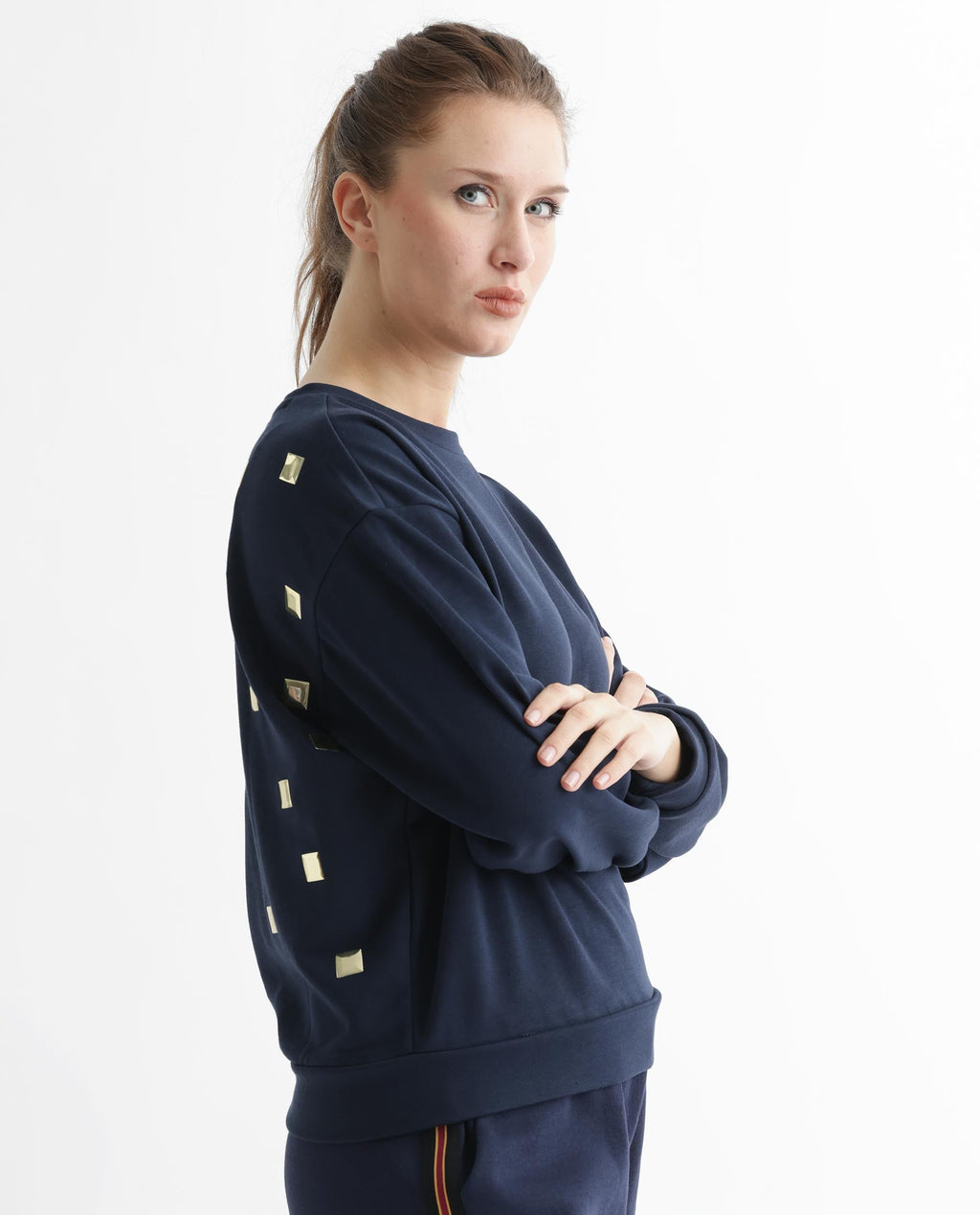 Rareism Women's Aimee Navy Polyester Blend Crew Neck Plain Boxy Fit Sweatshirt