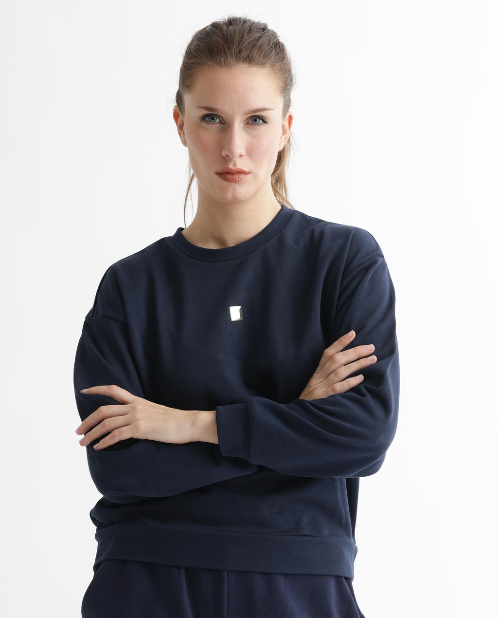 Rareism Women's Aimee Navy Polyester Blend Crew Neck Plain Boxy Fit Sweatshirt