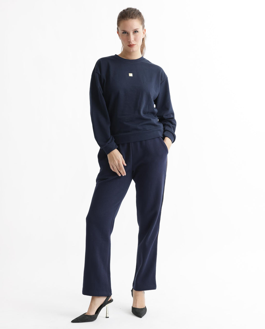 Rareism Women's Aimee Navy Polyester Blend Crew Neck Plain Boxy Fit Sweatshirt