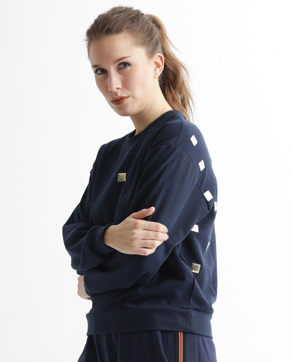 Rareism Women's Aimee Navy Polyester Blend Crew Neck Plain Boxy Fit Sweatshirt
