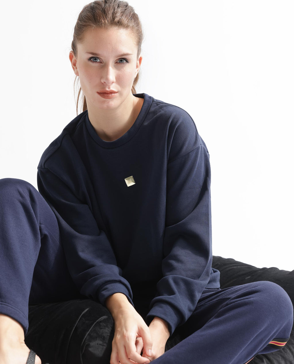Rareism Women's Aimee Navy Polyester Blend Crew Neck Plain Boxy Fit Sweatshirt
