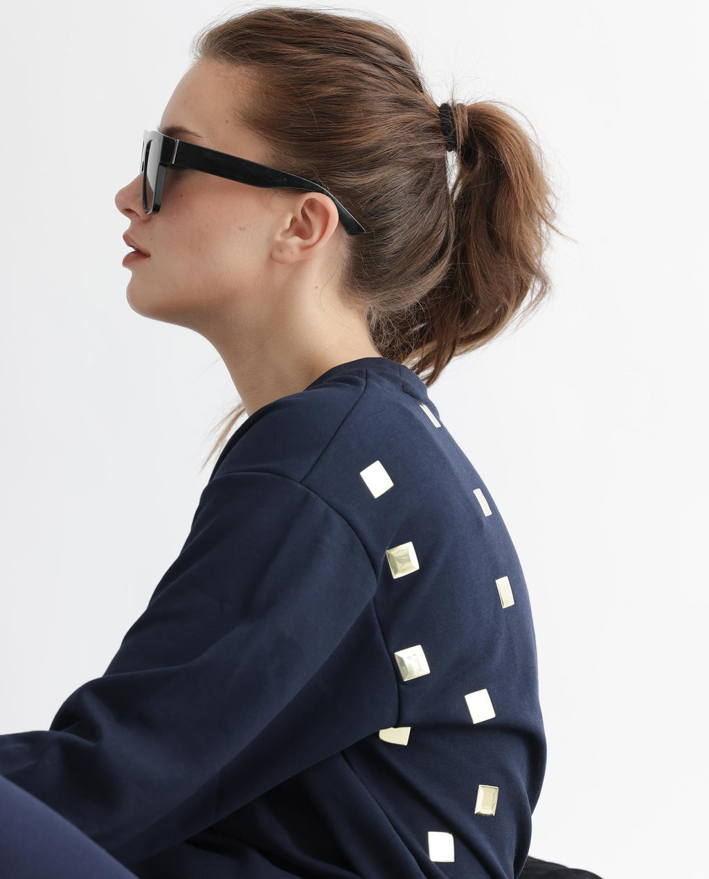 Rareism Women's Aimee Navy Polyester Blend Crew Neck Plain Boxy Fit Sweatshirt