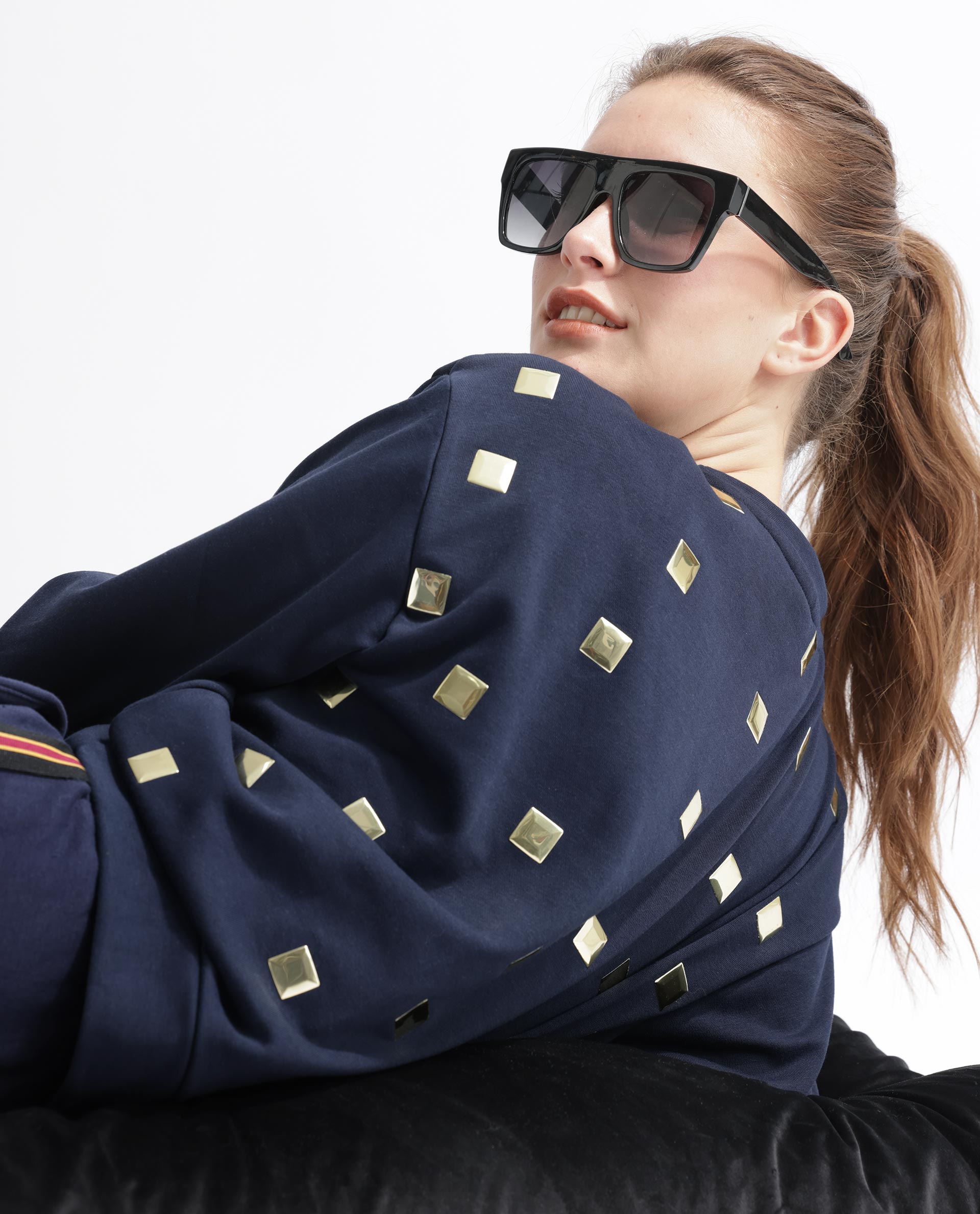 Rareism Women's Aimee Navy Polyester Blend Crew Neck Plain Boxy Fit Sweatshirt