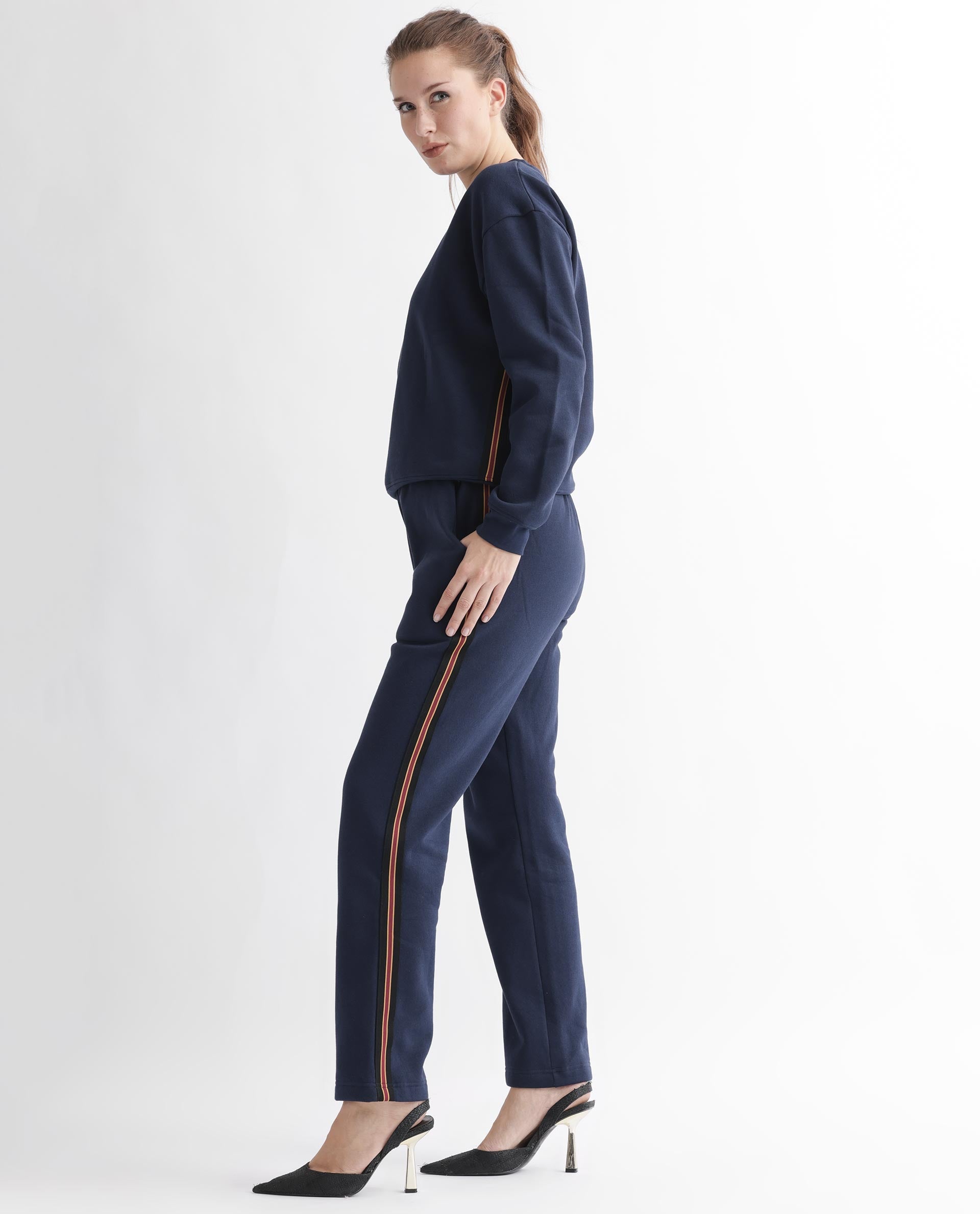 Rareism Women's Fronk Navy Polyester Blend Plain Ankle Length Tailored Track Pant