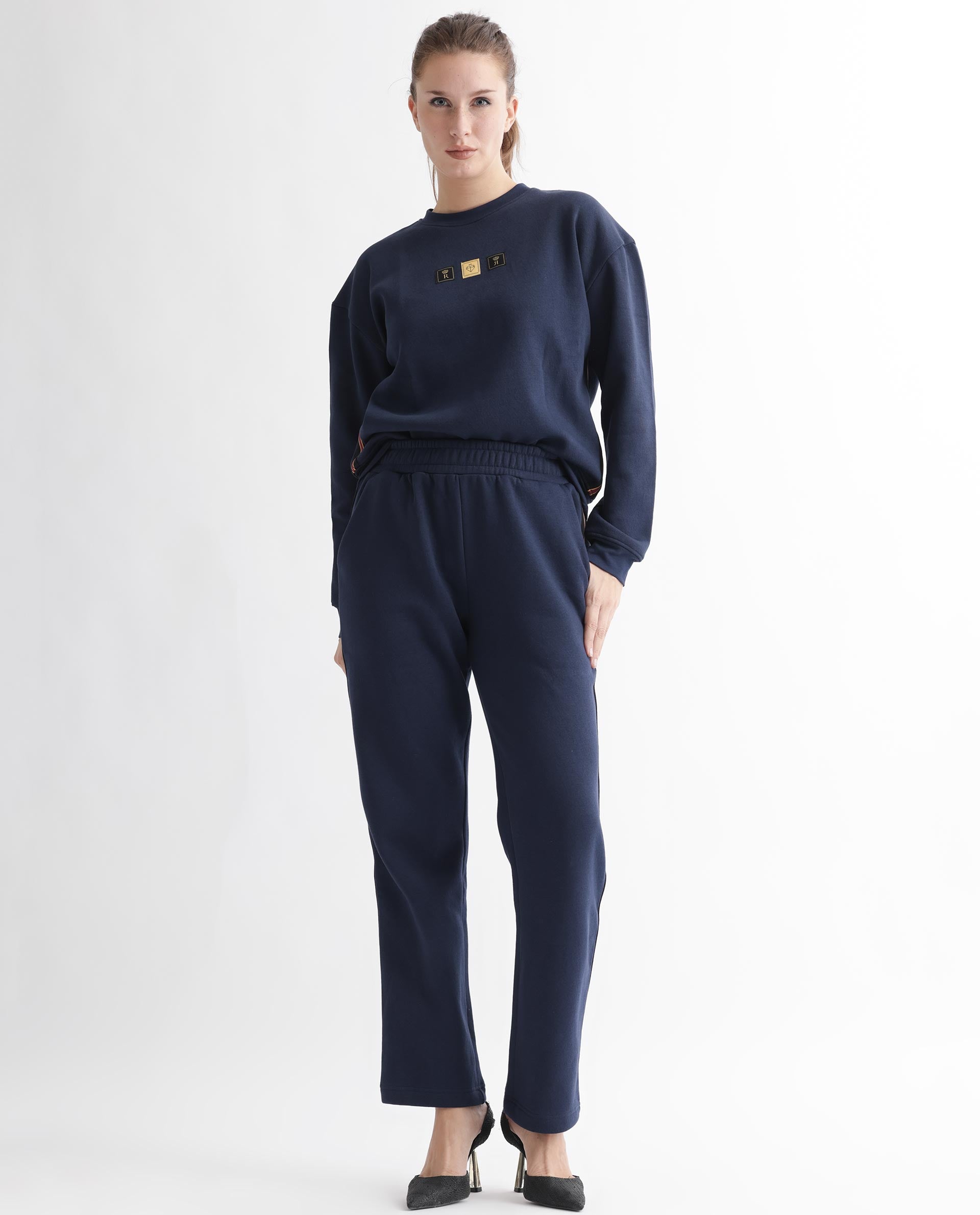 Rareism Women's Fronk Navy Polyester Blend Plain Ankle Length Tailored Track Pant