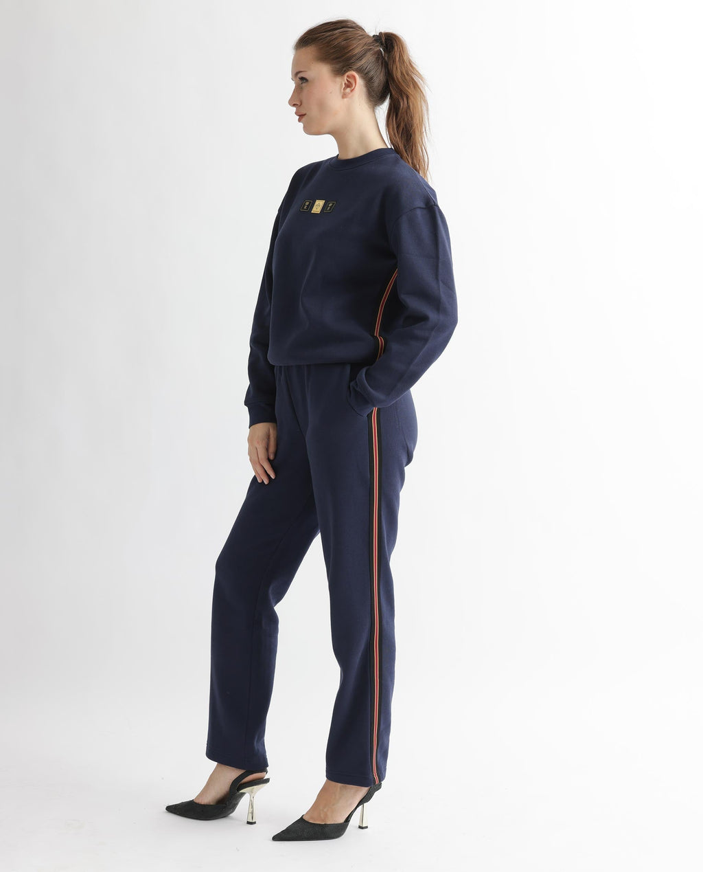 Rareism Women's Suzie Navy Polyester Blend Crew Neck Graphic Print Cuffed Sleeve Relaxed Fit Sweatshirt