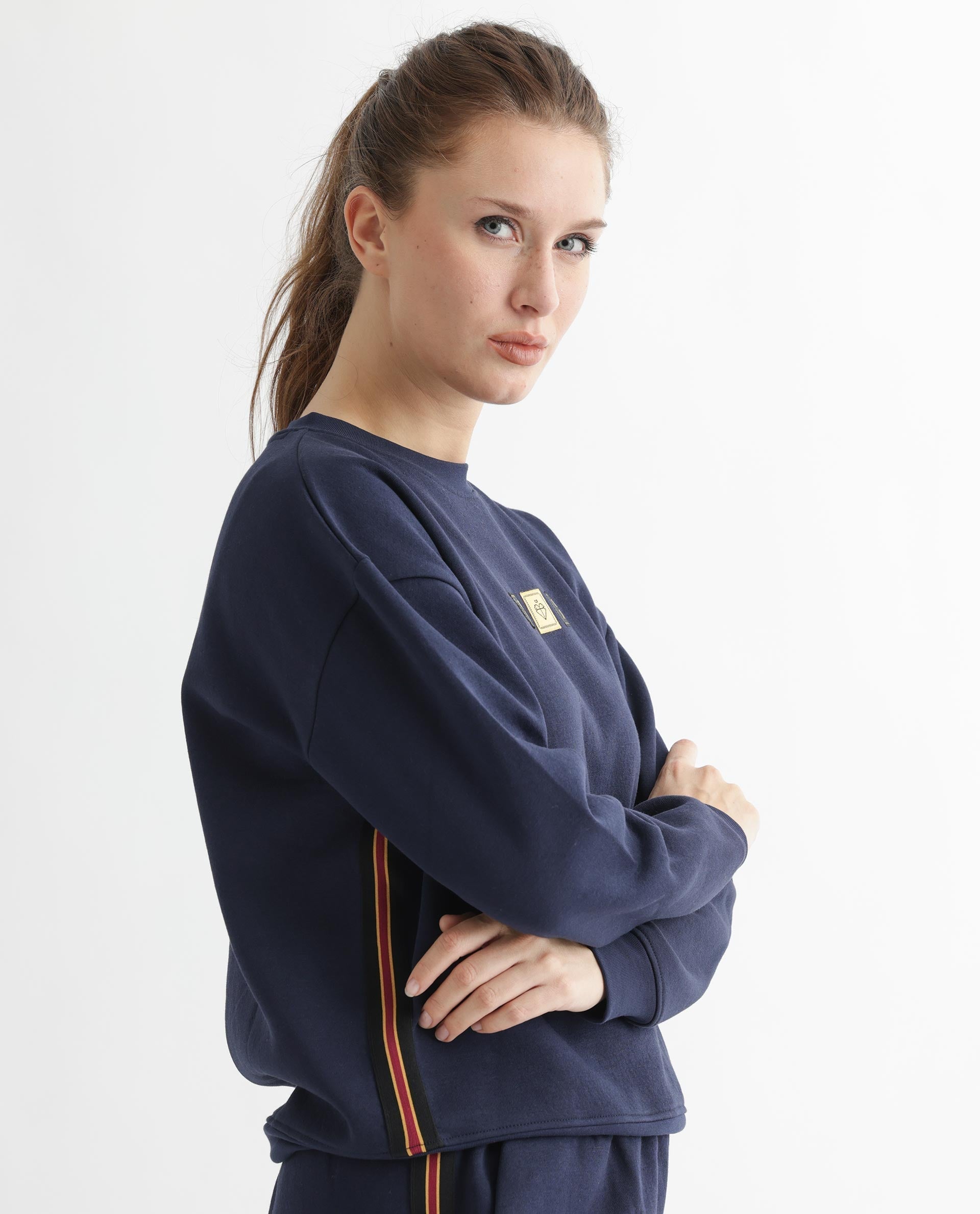 Rareism Women's Suzie Navy Polyester Blend Crew Neck Graphic Print Cuffed Sleeve Relaxed Fit Sweatshirt