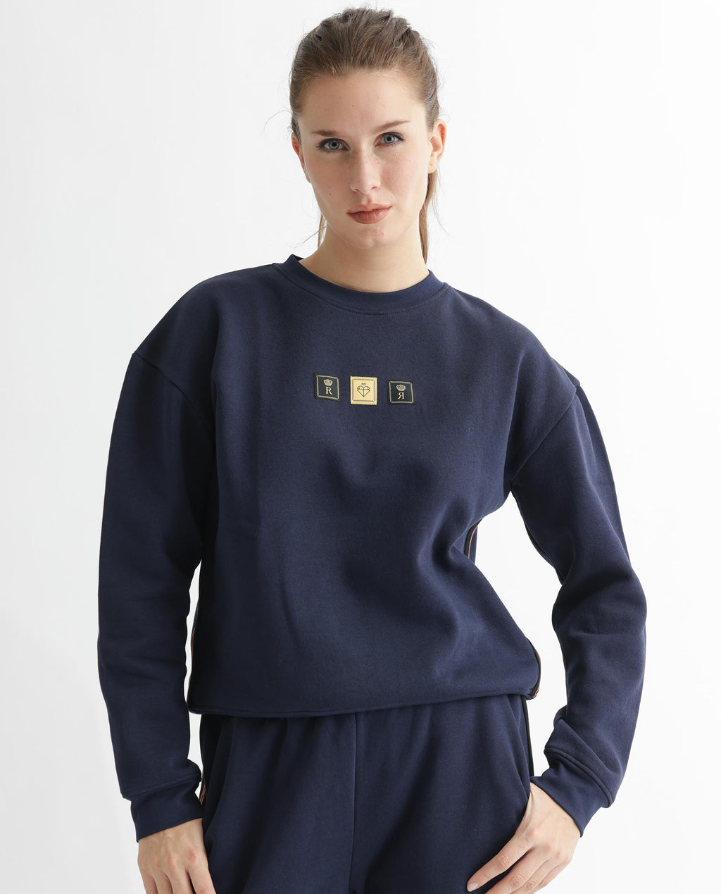Rareism Women's Suzie Navy Polyester Blend Crew Neck Graphic Print Cuffed Sleeve Relaxed Fit Sweatshirt