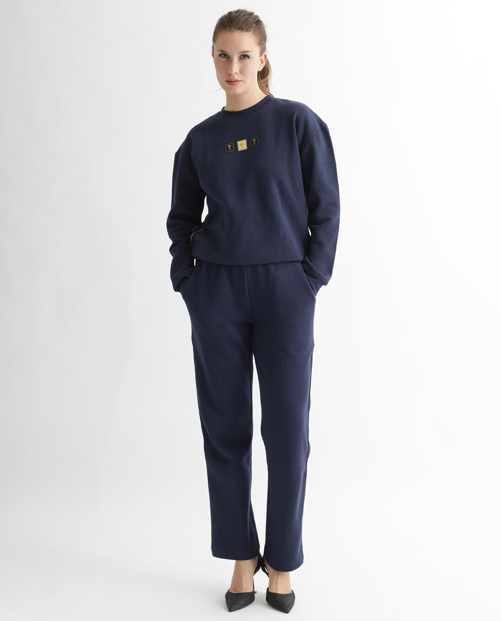 Rareism Women's Suzie Navy Polyester Blend Crew Neck Graphic Print Cuffed Sleeve Relaxed Fit Sweatshirt