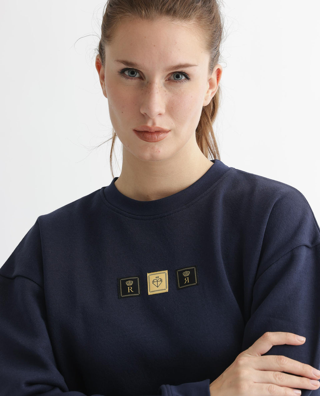 Rareism Women's Suzie Navy Polyester Blend Crew Neck Graphic Print Cuffed Sleeve Relaxed Fit Sweatshirt