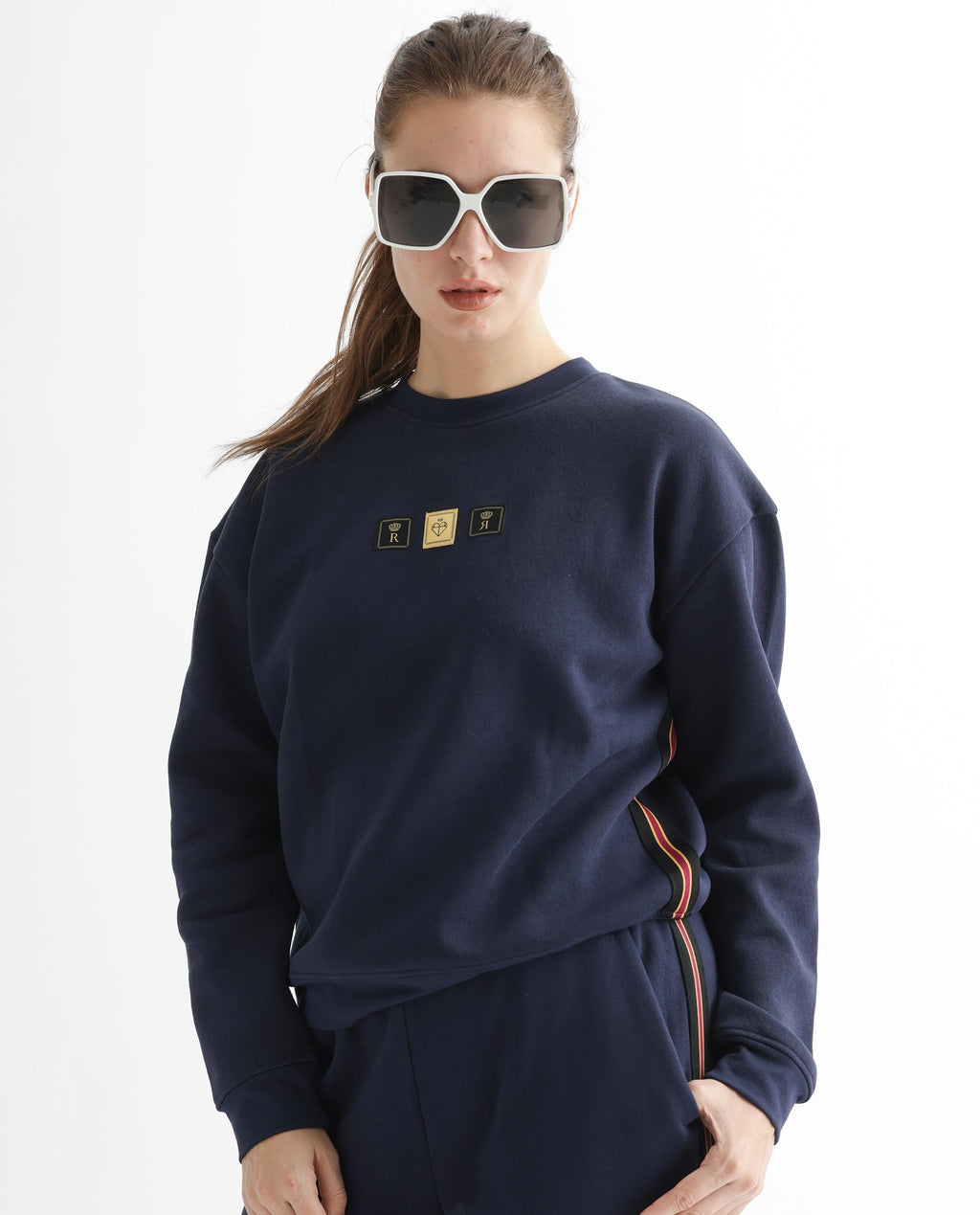 Rareism Women's Suzie Navy Polyester Blend Crew Neck Graphic Print Cuffed Sleeve Relaxed Fit Sweatshirt