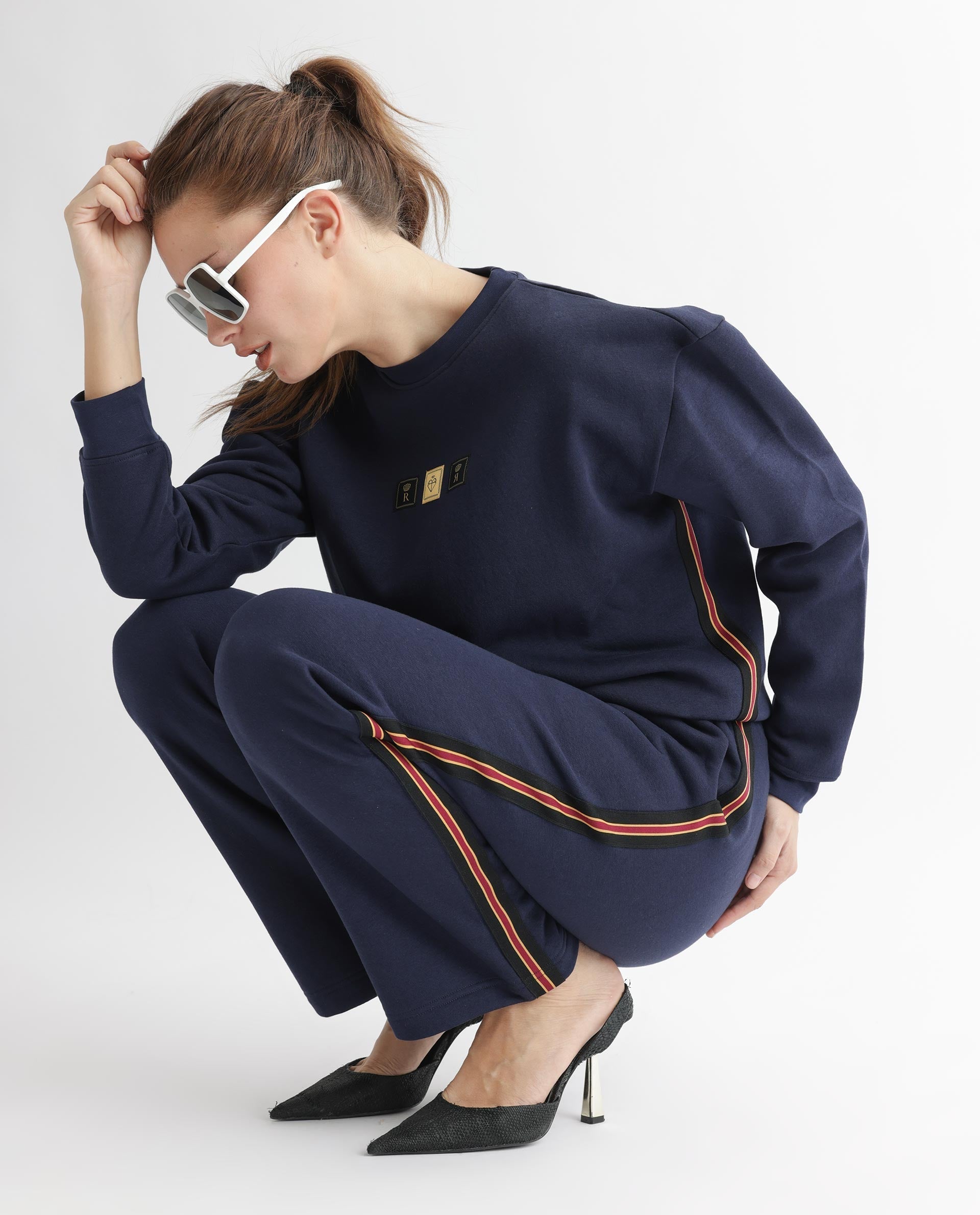 Rareism Women's Suzie Navy Polyester Blend Crew Neck Graphic Print Cuffed Sleeve Relaxed Fit Sweatshirt