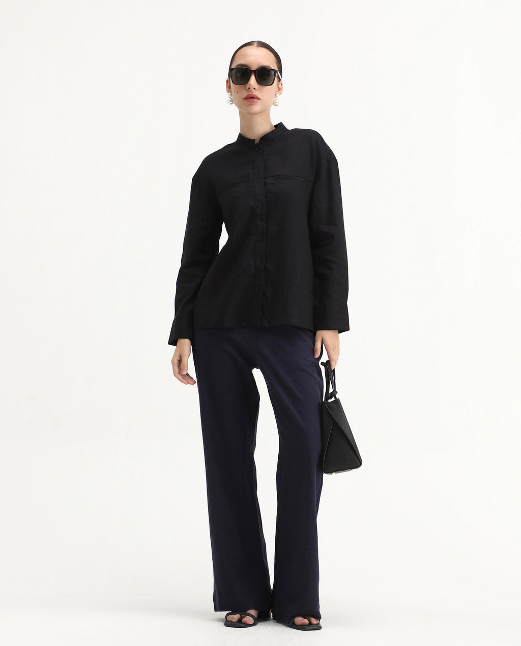 Rareism Women's Aruba Black Cotton Linen Drop Collar Plain Cuffed Sleeve Regular Fit Shirt