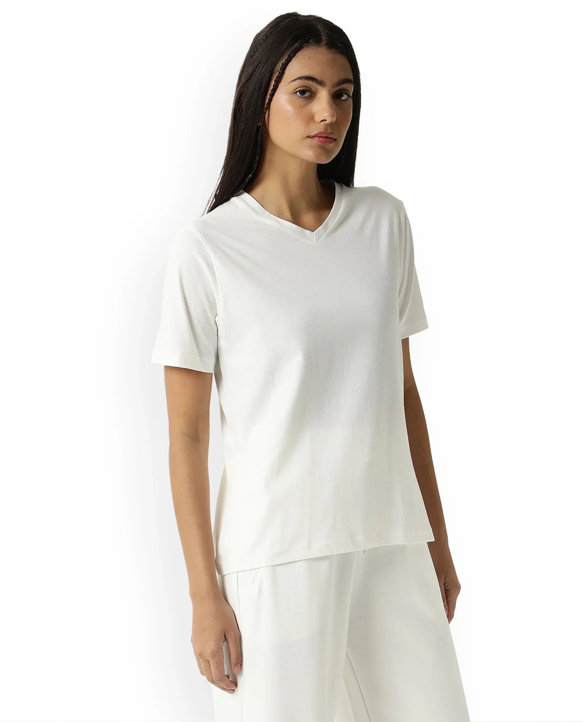 Rareism Women's Light Weight High Stretch 180 Gsm Cotton V-Neck Plain Regular Fit T-Shirt