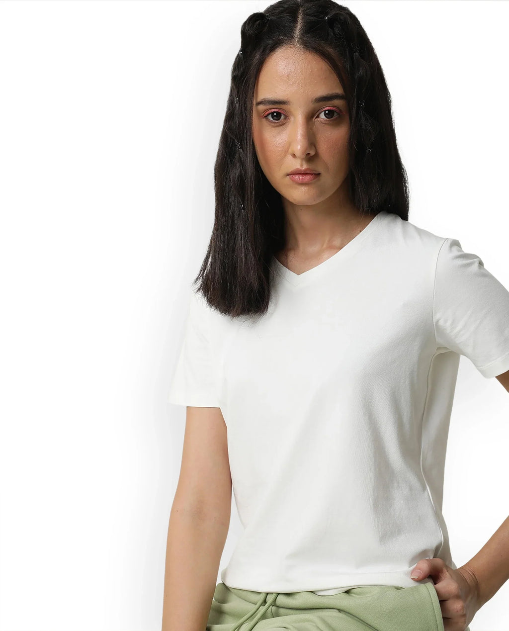 Rareism Women's Light Weight High Stretch 180 Gsm Cotton V-Neck Plain Regular Fit T-Shirt