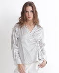 Rareism Women's Arzoo White Polyester Johnny Collar Striped Regular Fit Top