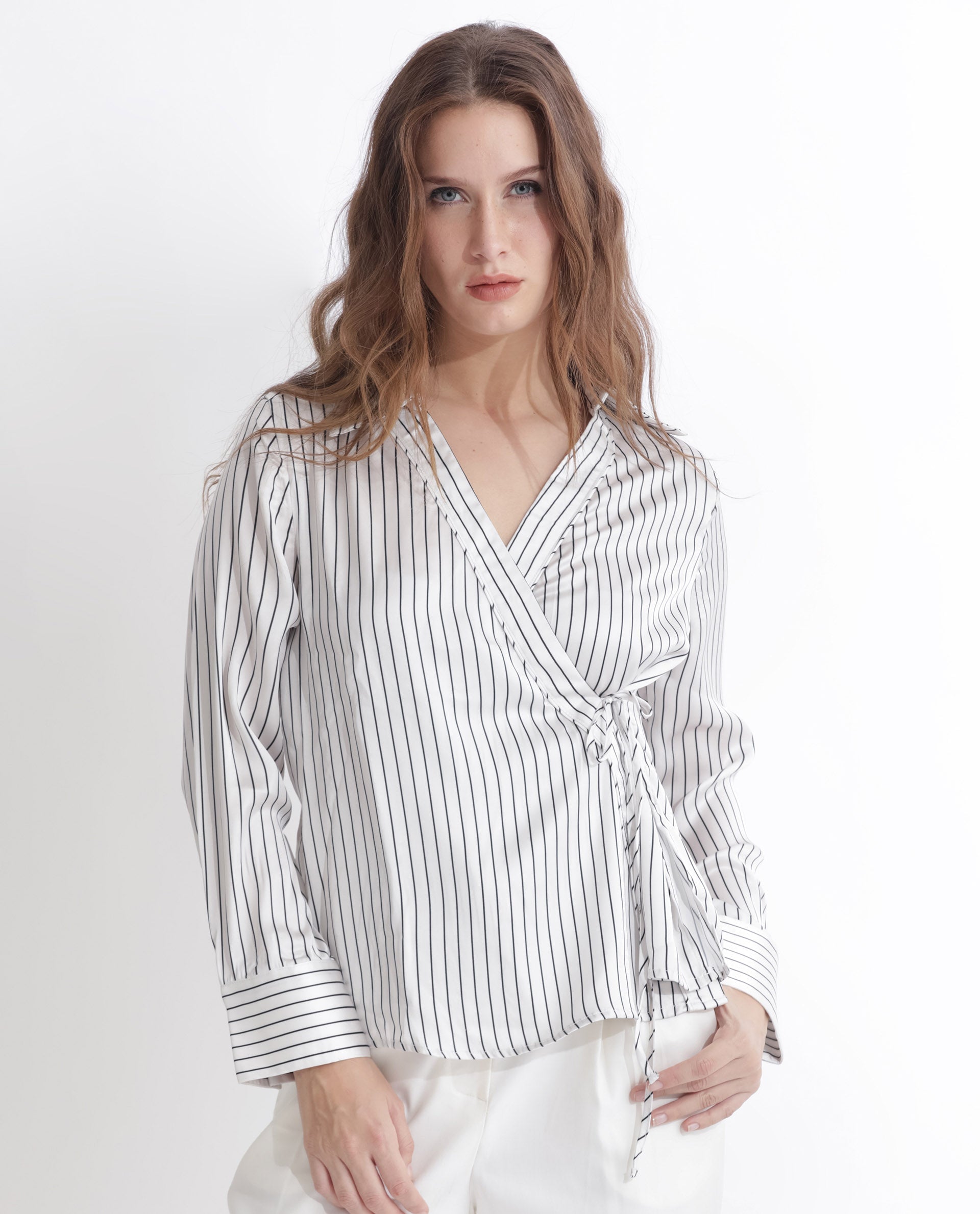 Rareism Women's Arzoo White Polyester Johnny Collar Striped Regular Fit Top