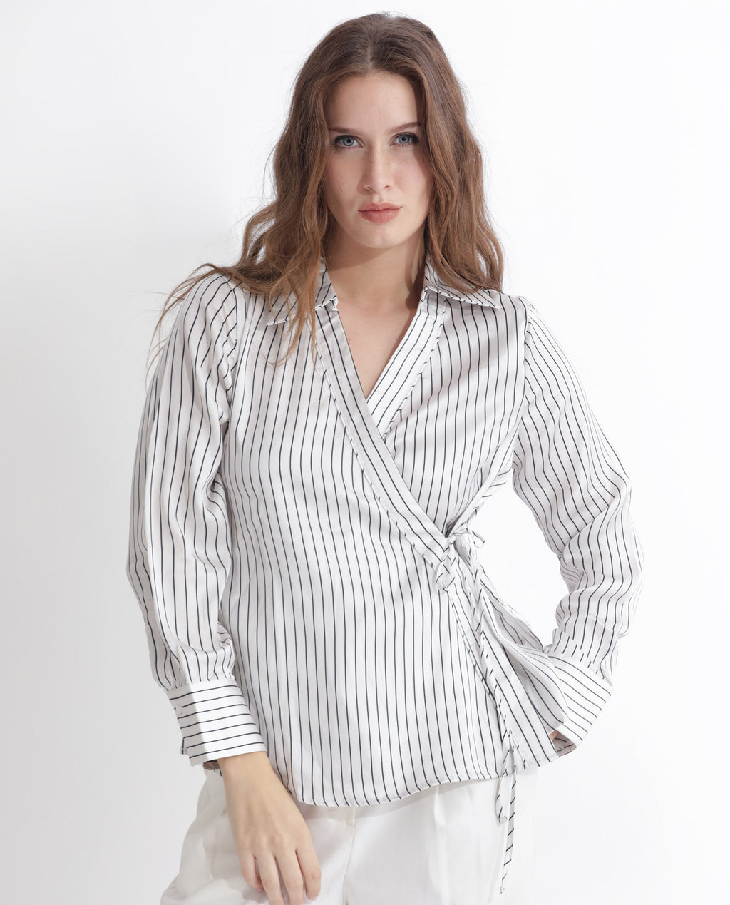 Rareism Women's Arzoo White Polyester Johnny Collar Striped Regular Fit Top