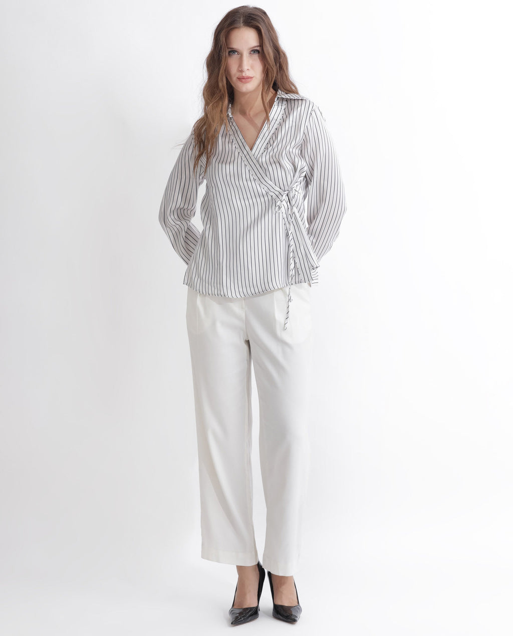 Rareism Women's Arzoo White Polyester Johnny Collar Striped Regular Fit Top