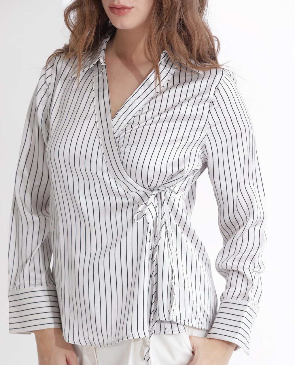 Rareism Women's Arzoo White Polyester Johnny Collar Striped Regular Fit Top